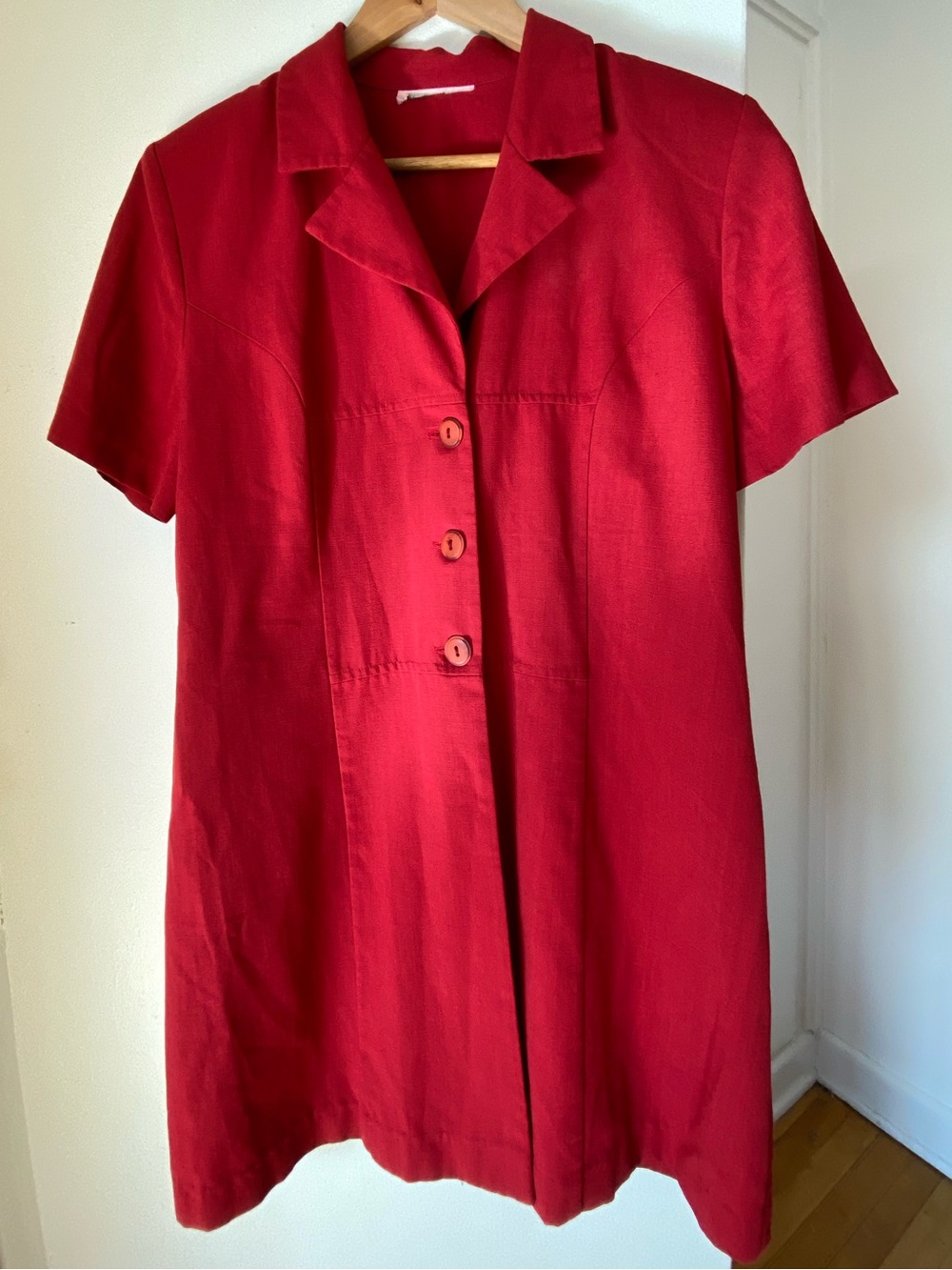 Vintage Red Short-Sleeve Button-Front Mini Linen Tailored Tunic Dress